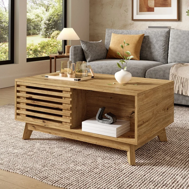 Couchtisch Modern Retro, höhenverstellbare Tischplatte, verschiebbare Jalousietür, Holz-Optik, MDF-Korpus, multifunktionaler Wohnzimmertisch--Natürlich--90x55x57.5cm--YOUDENOVA – Bild 8