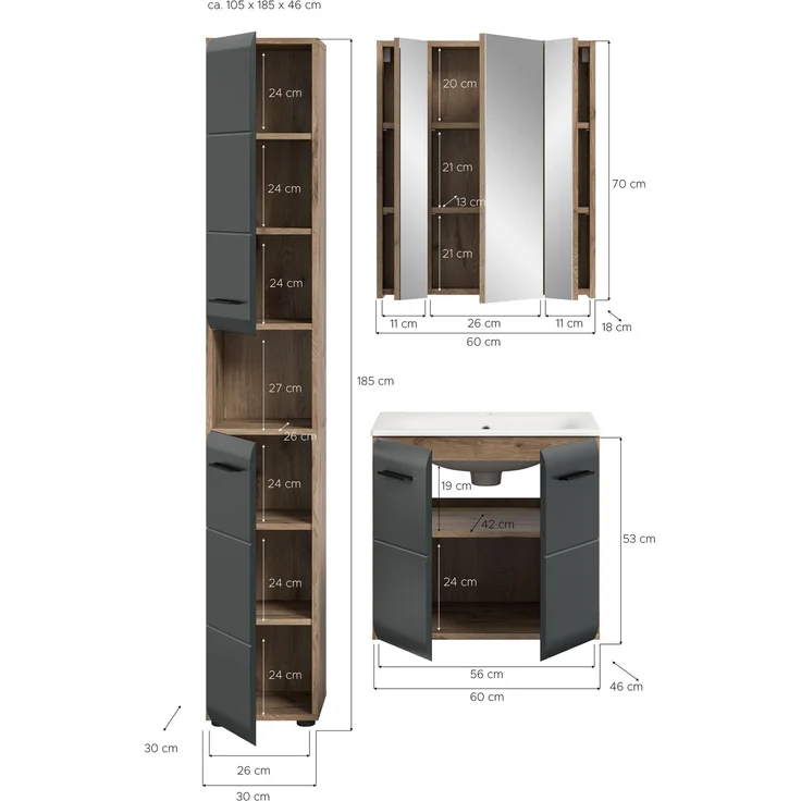 Badkombination (B/H/T: 105x185x46 cm) in schwarz matt und Nox Oak Nachbildung – Bild 4