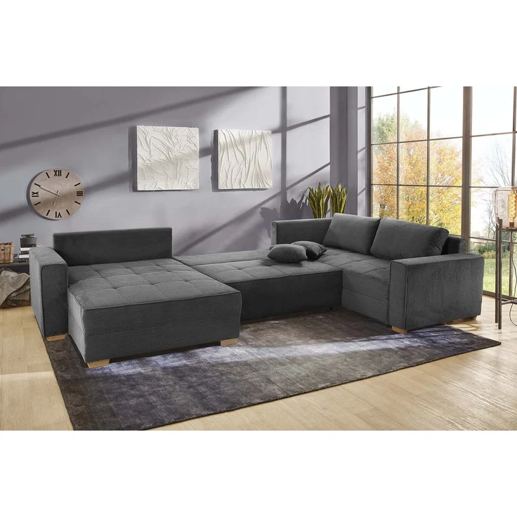 Wohnlandschaft U-Form Sofa Schlaffunktion Couch Bettkasten Cord Dunkelgrau – Bild 3