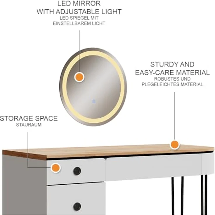 Vichy Schminktisch Mia, Weiss/Naturholz, 120 cm mit LED-Beleuchtung und grosszügigem Spiegel (55 x 55 x 77 cm) – Bild 8