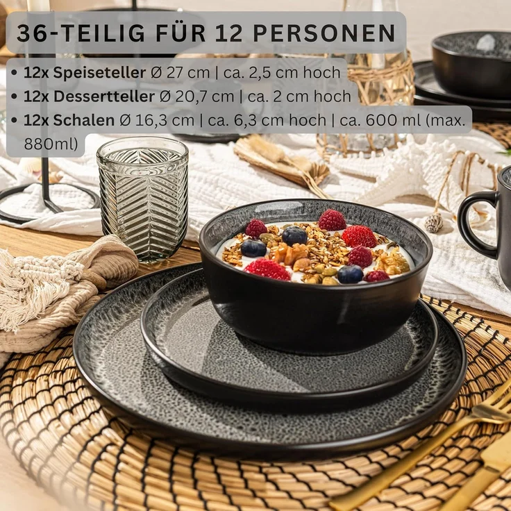 SÄNGER Tafelservice Sydney Geschirrset, Grau (36-tlg), 12 Personen, Steingut, Handmade, spülmaschinenfest, VALUE COLLECTION – Bild 2