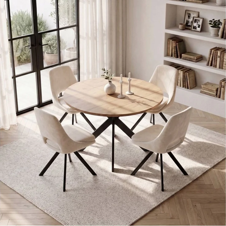 Jiexi Essgruppe Essgruppe Runder Tisch Ø 115cm Eiche Sternfuß & Flanell Stühle – Bild 2