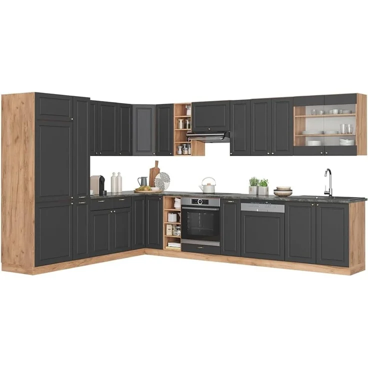 Eckküche Fame-Line Anthrazit-Gold Landhaus/Goldkraft Eiche 347 x 257 cm ohne Arbeitsplatte Vicco – Bild 7