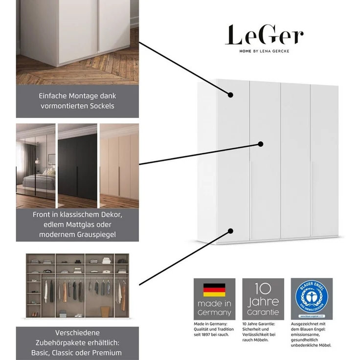 LeGer Home by Lena Gercke Kleiderschrank Schrank Garderobe Ankleide Schlafzimmer Flur SERINA Eyecatcher (3 verschiedene Ausstattungen BASIC/CLASSIC/PREMIUM (inkl. SOFT-CLOSE) in 6 Breiten (101 - 401 cm) mit Front Glas oder Dekor MADE IN GERMANY – Bild 4