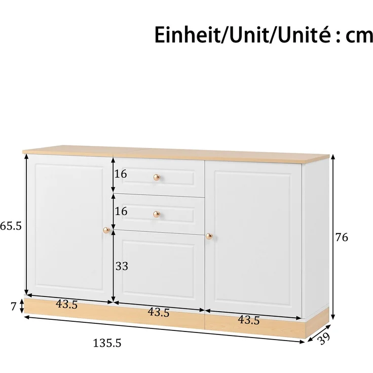 DESVIAE Sideboard mit 3 Türen und 2 Schubladen 135,5x76x39 cm Spanplatte Weiß/Holzoptik – Bild 10