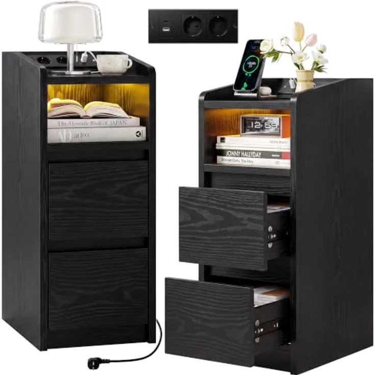 IRONCK Nachttisch 2er Set mit Ladestation und LED (Schwarz) | Weiß Nightstand mit 2 Schubladen, Nachtschrank für Schmale Räume Schlafzimmer, Wohnzimmer, Modern Narrow Bedside Table – Bild 1