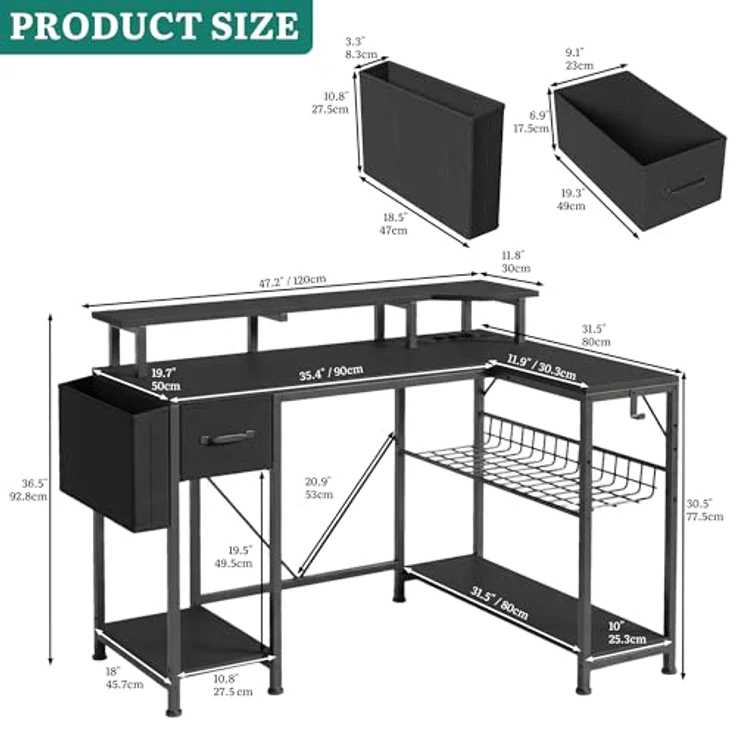 YITAHOME Gaming Tisch mit Steckdosen & LED-Lichter, L Form Computer Schreibtisch mit Monitorständer, Eckschreibtisch mit Schubladen & Regalen, Computertisch für Home Office, 120 x 50 x 92 cm, Schwarz – Bild 3