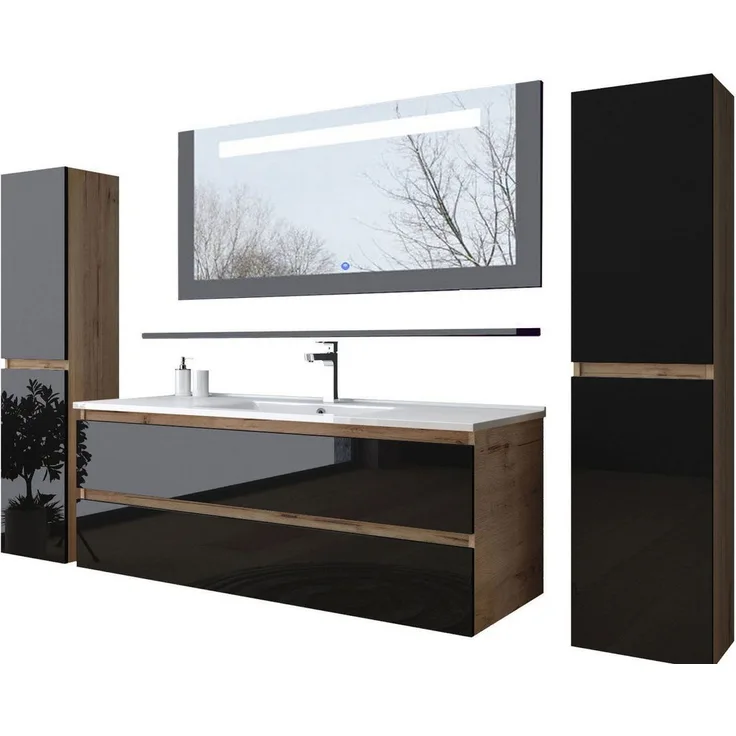 Homeline Badezimmer-Set Badmöbel Set 90 cm Eiche / Schwarz Kaiser Mit Danny Spiegel schwarz, (Badezimmer Möbel, Bad Möbelset)