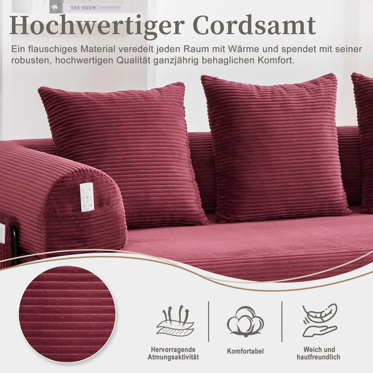 LVHOM Schlafsofa 3 Sitzer, Klappsofa mit Schlaffunktion, Bodensofa, Polstersofa aus CordStoff, Schlafcouch dauerschläfer, frei Kombination, 200x94x67 cm, Weinrot – Bild 5