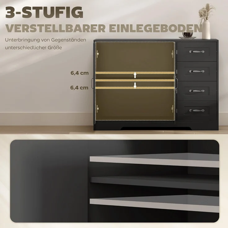 HOMCOM Sideboard Beistellschrank mit 4 Schubladen, 2 Türen, verstellbarem Einlegeboden (Aufbewahrungsschrank, 1 St, Küchenschrank), für Wohnzimmer, 105 x 40 x 76 cm, Schwarz – Bild 5