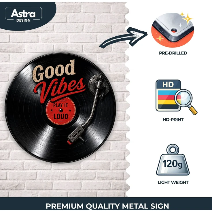 AstraDesign Blechschild Rund 30cm - Good Vibes Play It Loud Schallplatte Vinyl Deko – Metall – Mehrfarbig – RD0002 – Bild 2