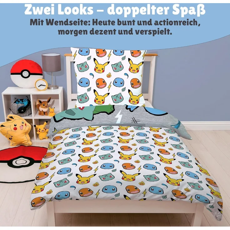 Flanell-Bettwäsche Pokemon Rock 135x200 80x80 cm in Grau mit Pikachu, Glumanda, Shiggy und Bisasam aus 100% Baumwolle – Bild 4