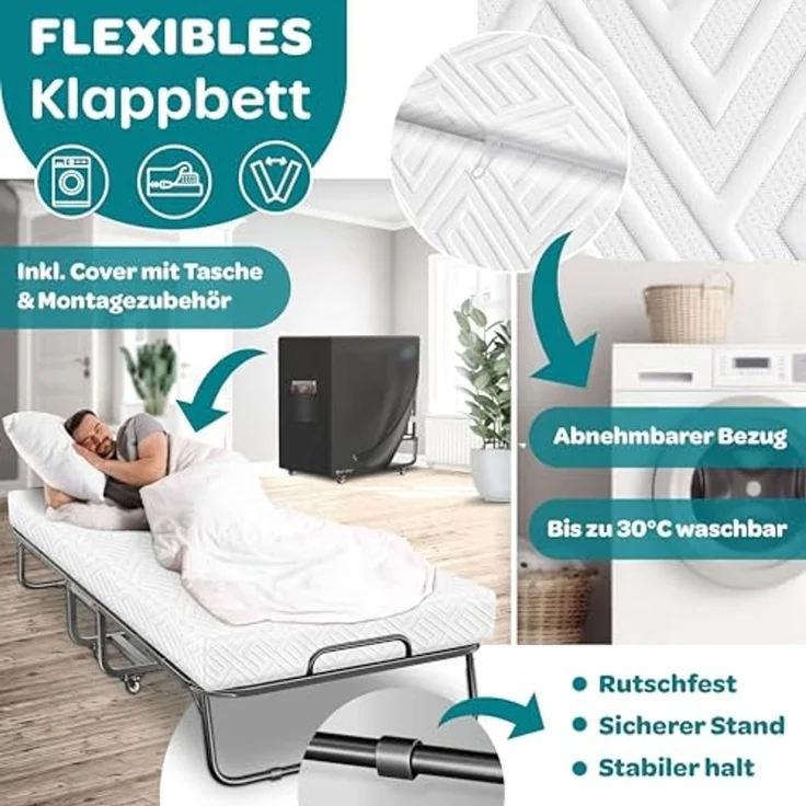 KESSER® Klappbett 200x90cm Gästebett inkl. Matratze aus Memory-Schaum & Rollen | faltbares Reisebett mit Metallrahmen für Erwachsene belastbar bis 250kg | Metallbett mit Schaumstoffmatratze & Cover Weiß, Premium Komfort – Bild 3