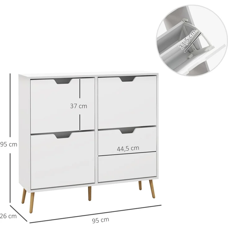 Schuhschrank mit 4 Klappen für 16 Paar Schuhe, mit verstellbarem Einlegeboden, Füße aus Kiefernholz, 95 x 26 x 95 cm, weiß – Bild 5