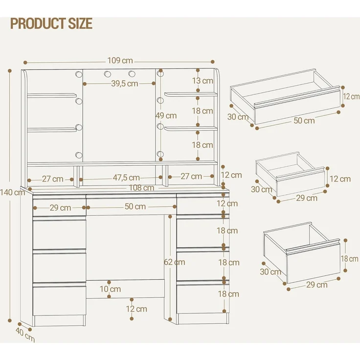 Hzuaneri Schminktisch, mit LED-Beleuchtung, Spiegel, Weiß & Silber, 40x108x140 cm – Bild 9