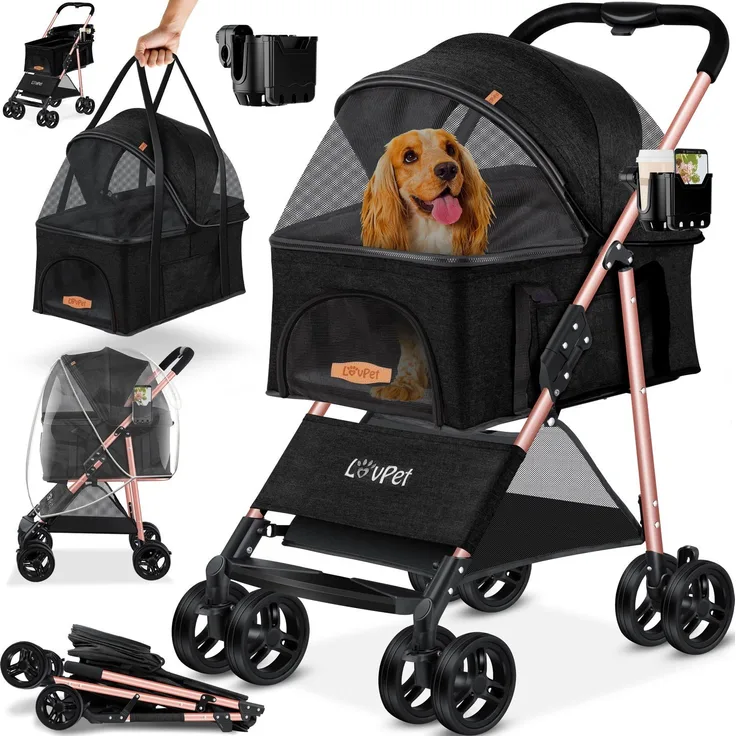 LOVPET® Hundewagen 2in1 Hundebuggy Hundebox Transporttasche Faltbar klappbar bis 20kg Haustiere Buggy mit Netzfenstern Getränkehalter, Regenschutzabdeckung & Kuscheldecke Jogger Buggy für Haustiere Schwarz