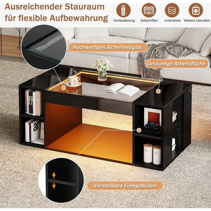 Couchtisch, ausgehöhlter Tisch mit gehärteter Glasplatte, 100x50x40 cm, schwarz, mit LED-Beleuchtung – Bild 6