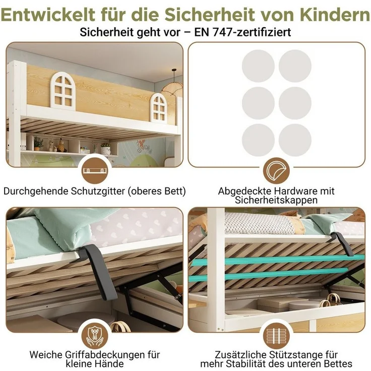 MODFU Hochbett Sicheres Etagenbett mit Rausfallschutz & Treppenschrank (1-St, Aus robustem Holz für ein stabiles und langlebiges Kinderzimmer) Zwei Einzelbetten à 90x200 cm, inkl. Lattenroste(ohne Matratze) – Bild 3