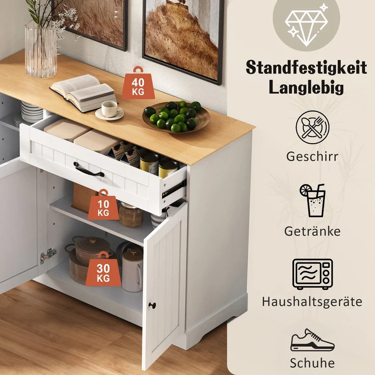 Modernes, elegantes Sideboard mit 3 Türen und einer Schublade, Buffetschrank für Esszimmer, Wohnzimmer und Diele (Weiß+Natur) – Bild 6