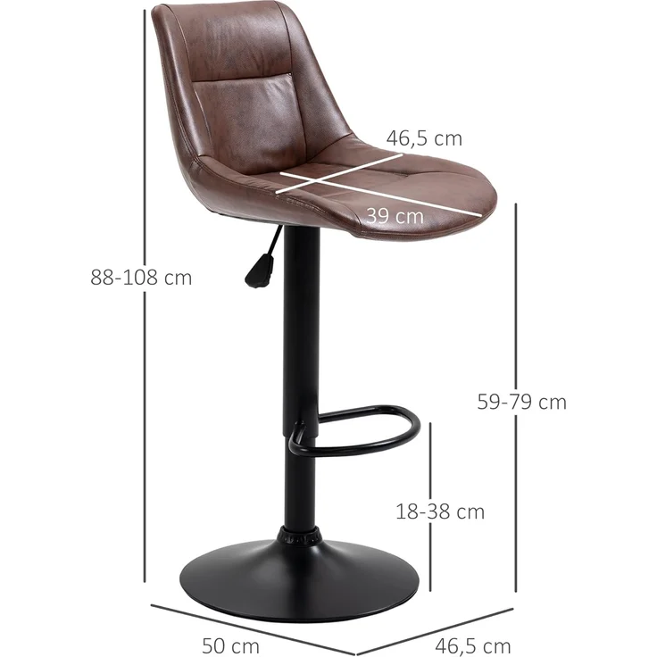 HOMCOM Barhocker Barstuhl mit Rückenlehne (Tresenstuhl, 2 St, Küchenhocker), Stahl, Braun 46,5 x 50 x 88-108 cm – Bild 3