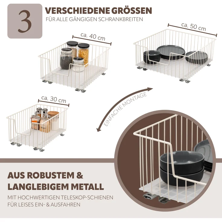 Schrank-Korbauszug 30 cm Breite, Boden-Teleskopschublade mit Einlegeboden, Küchenschublade, cremeweiß – Bild 6