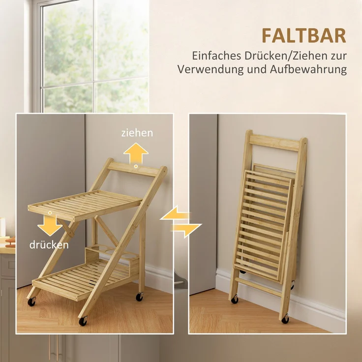 Küchenwagen aus Bambus, 66 x 40 x 70 cm, klappbar mit Weinregal und Rollen – Bild 5