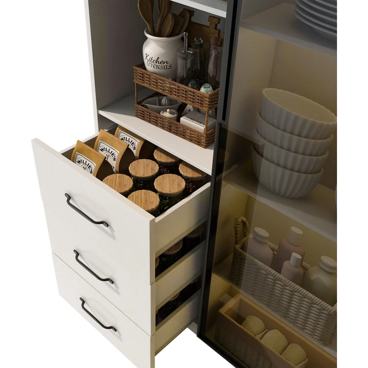 LED-Vitrine 80 x 40 x 160 cm - Bücherschrank mit Tür aus gehärtetem Glas und LED-Beleuchtung, 3 Schubladen und 3 offene Fächer, Aluminiumrahmen, mehrfarbige LEDs, Soft-Close-Scharniere, Küchenschränke--Weiß--91.01x46.99x19.99cm--YOUDENOVA – Bild 8
