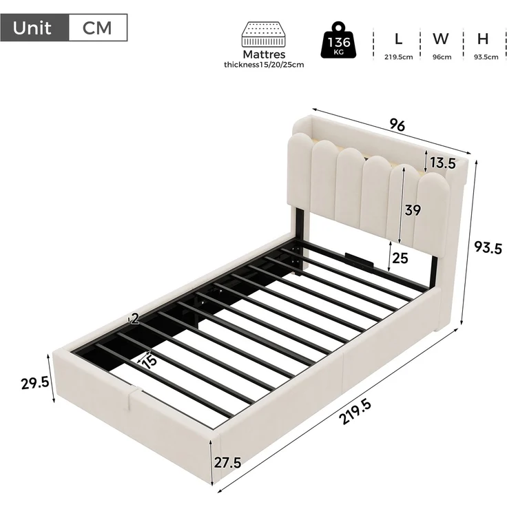 Polsterbett, Einzelbett, Kinderbett 90 x 200cm, hydraulisches Funktionsbett, Bett mit Lattenrost, gepolstertes Kopfteil, großem Stauraum und USB& Type-C-Ladestation und Leselampe, samt, beige – Bild 4