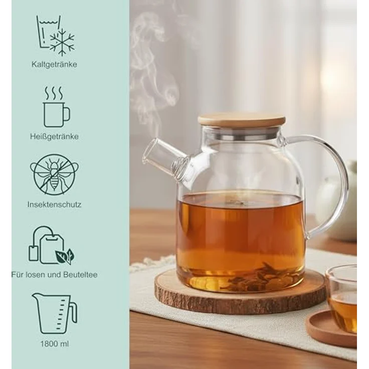 relaxdays Teekanne Glas mit Bambusdeckel, 1,8 Liter, Ausgusssieb für loser Tee und Teeblumen, transparent – Bild 2