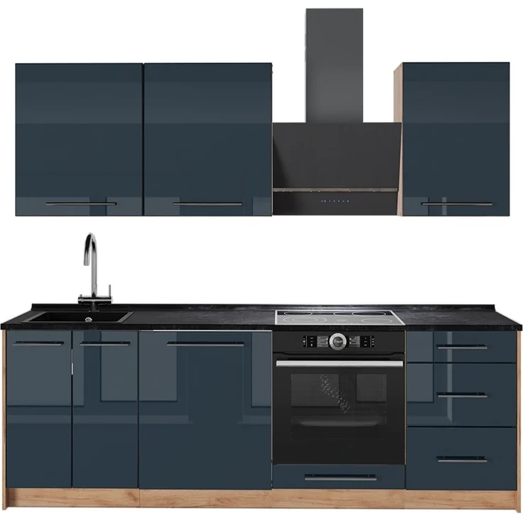 Küchenzeile Fame-Line Dunkelblau Hochglanz/Goldkraft Eiche 230 cm ohne Arbeitsplatte Vicco – Bild 1