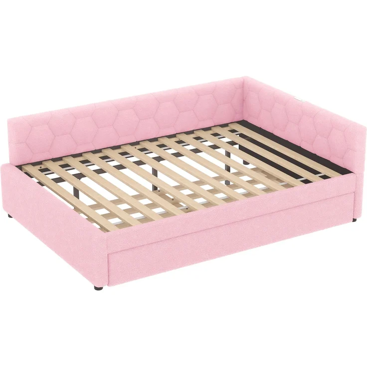 Daybett, 140*200cm Tagesbett, Schlafsofa, Bett mit Lattenrost (ohne Matratze), mit Nachttischlampe, mit multifunktionalem Ausziehbett, USB-Anschluss, Typ-C, Komfortmaterial, Vliesimitat, Rosa – Bild 10