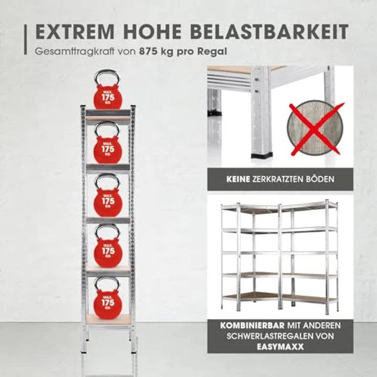 EASYmaxx Schwerlastregal 2er-Set 40 x 40 x 180 cm | 875 kg Traglast, 175 kg pro Ebene | Regal und Werkbank | Kellerregal, Lagerregal mit 5 verstellbaren Ablagen | Für Keller, Garage, Hobbyraum, Werkstatt – Bild 5