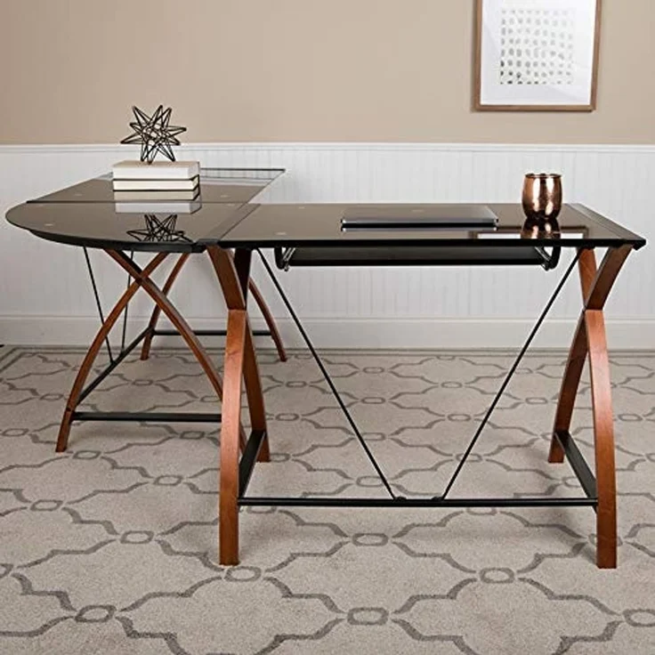 Flash Furniture Jude Eck-Computertisch mit ausziehbarer Tastaturablage aus Glas, L-Form, Schwarz – Bild 4