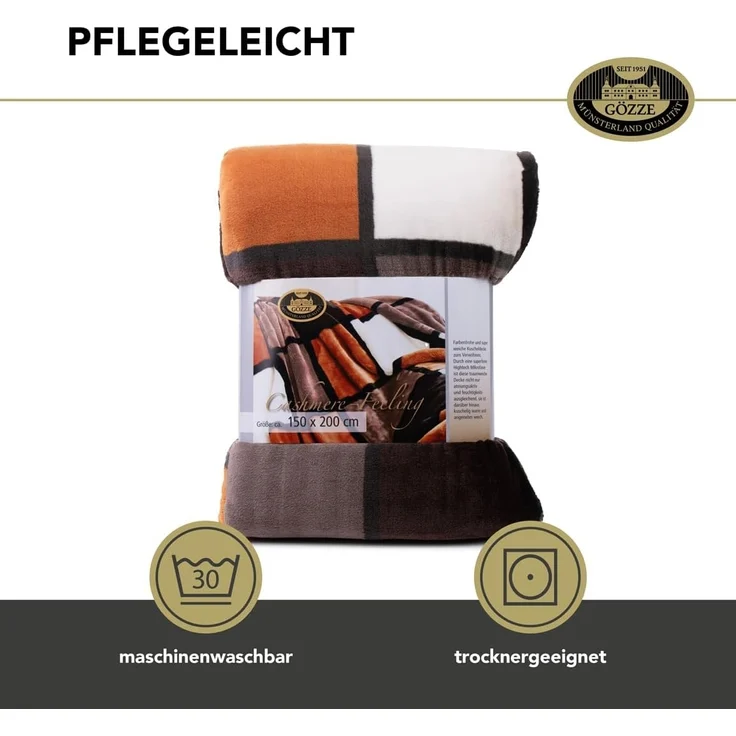 Gözze - Weiche Kuscheldecke, Cashmere Feeling, Hohes Stoffgewicht 500 g/m², Antigua, 150x200 cm - Zimt/Schwarz/Weiß – Bild 5
