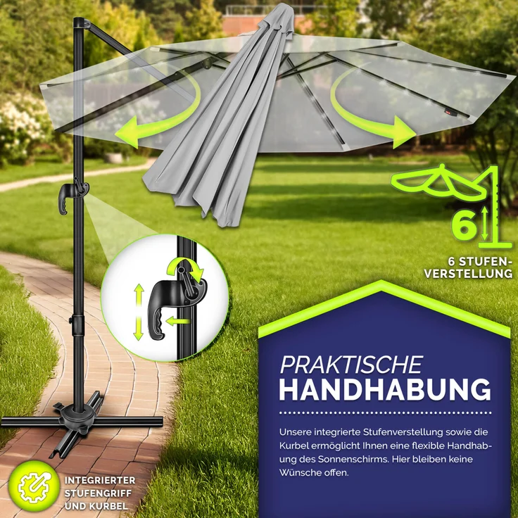 tillvex® Premium Alu Sonnenschirm 330 cm Grau + Abdeckung & Windsicherung | Ampelschirm 6-Fach Verstellbar mit Kurbel | Gartenschirm 360° Drehbar Neigbar Kippbar | Kurbelschirm UV50+ Groß wasserdicht – Bild 3