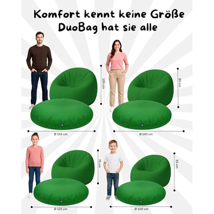 PATCH HOME 2-in-1 Sitzsack Sessel - Gaming Bean Bag mit Reißverschluss - Bereits befüllt, Ergonomisch & Robust für Kinder & Erwachsene - Indoor & Outdoor, Wetterfest (Grün, 155cm) – Bild 3