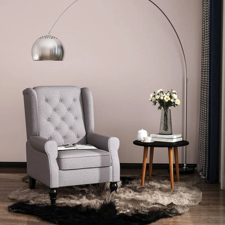 Wohnora-Sessel Ohrensessel mit Armlehnen, Loungesessel mit Kissen, Tufting, hoher Rückenlehne Armlehnensessel mit Holzbeine, Relaxsessel für Wohnzimmer, Schlafzimmer, Grau,H 102cm x T 74cm x B 86cm – Bild 2