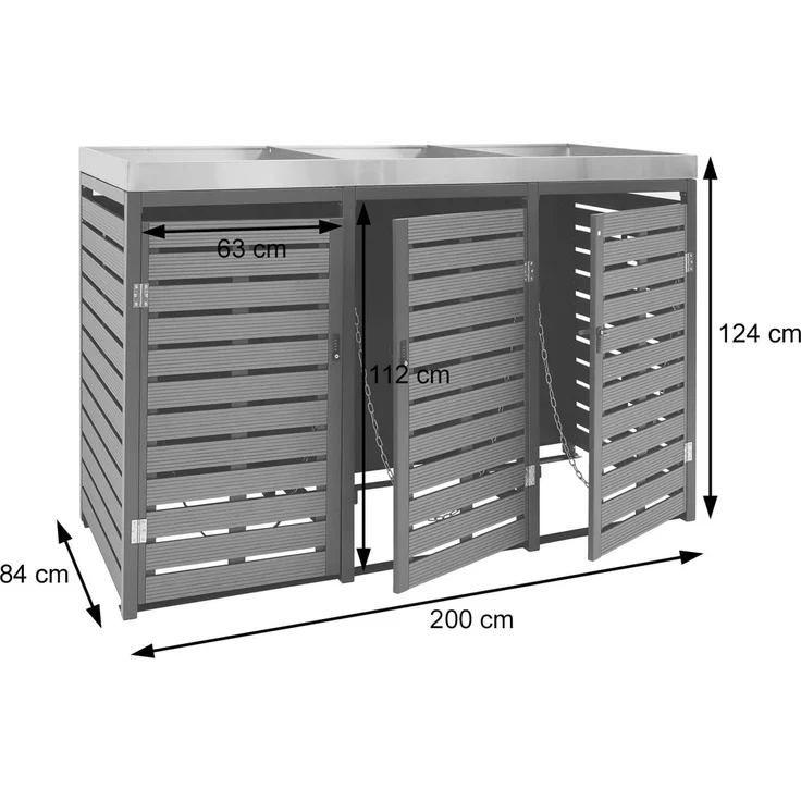 3er Mülltonnenverkleidung HWC-K14, Mülltonnenbox mit Pflanzkasten, 124x200x84cm WPC Edelstahl 107kg ~ Teak-Optik – Bild 4