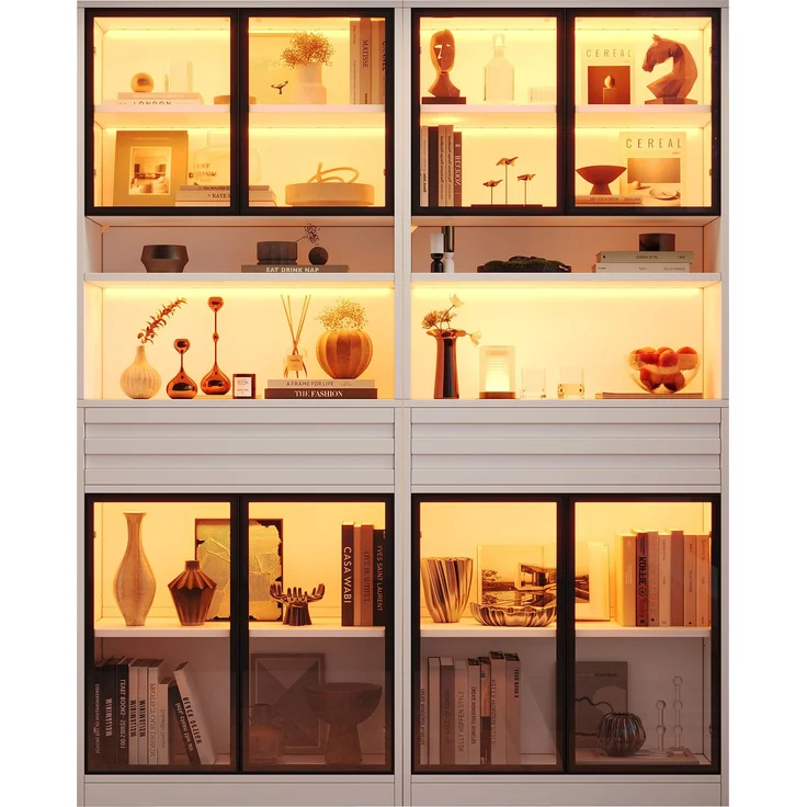Zweierpackungen Vitrine Display Schrank 80 x 35 x 200 cm aus MDF, Bücherschrank mit 8 Glastüren, 2 Schublade, LED‑Beleuchtung,hohe Schränke, Weinschränke, vitrinen schrank für Wohnzimmer,Weiß--Weiß--160x35x200cm--YOUDENOVA – Bild 4