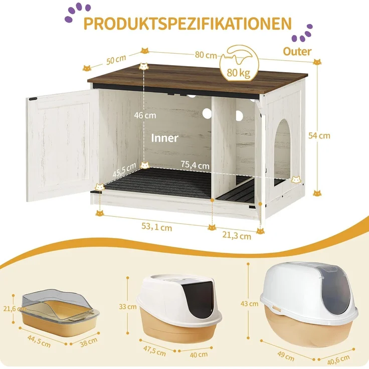 Katzenklo Schrank, Katzenschrank, Katzentoilette mit Herausnehmbarer Trennwand, Katzenhaus, Umkehrbarer Eingang Links oder Rechts, als Sideboard, 80 x 50 x 54 cm, Vintagebraun-Weiß – Bild 8