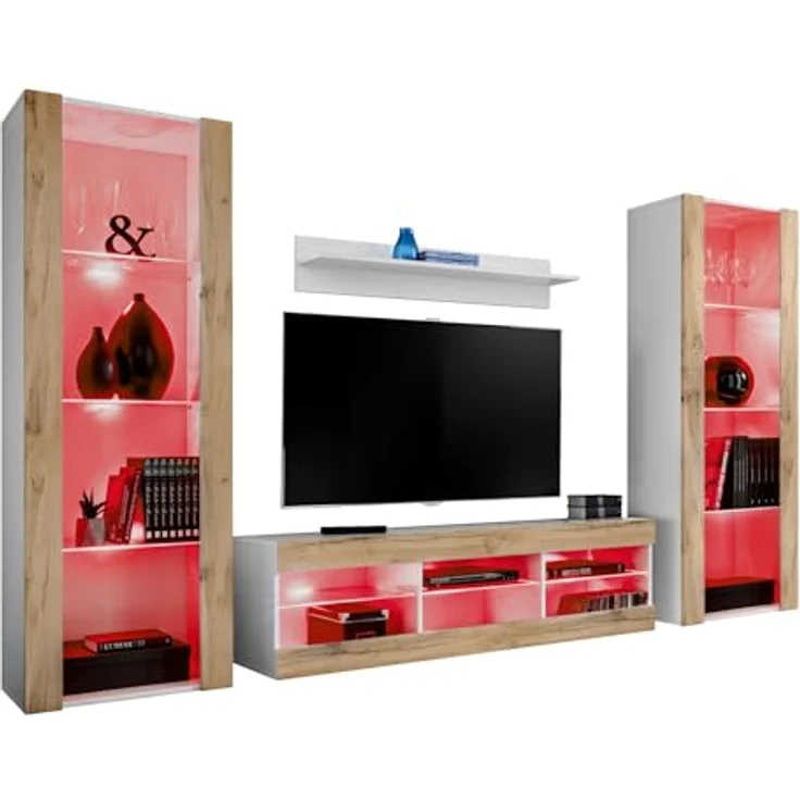 Komodee Wohnzimmerset, Weiß und Eiche Wotan, 9 Fächer, Rechteckig, 250x159x35 cm, Holzwerkstoff – Bild 3