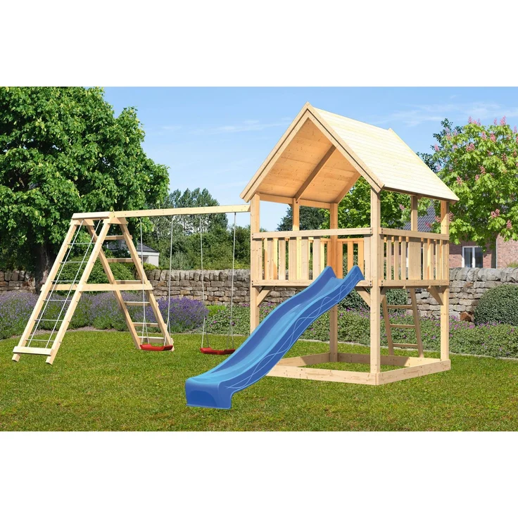 Karibu Kinderspielturm Luis Satteldach Set naturbelassen mit Doppelschaukel Klettergerüst und Rutsche blau – Bild 5