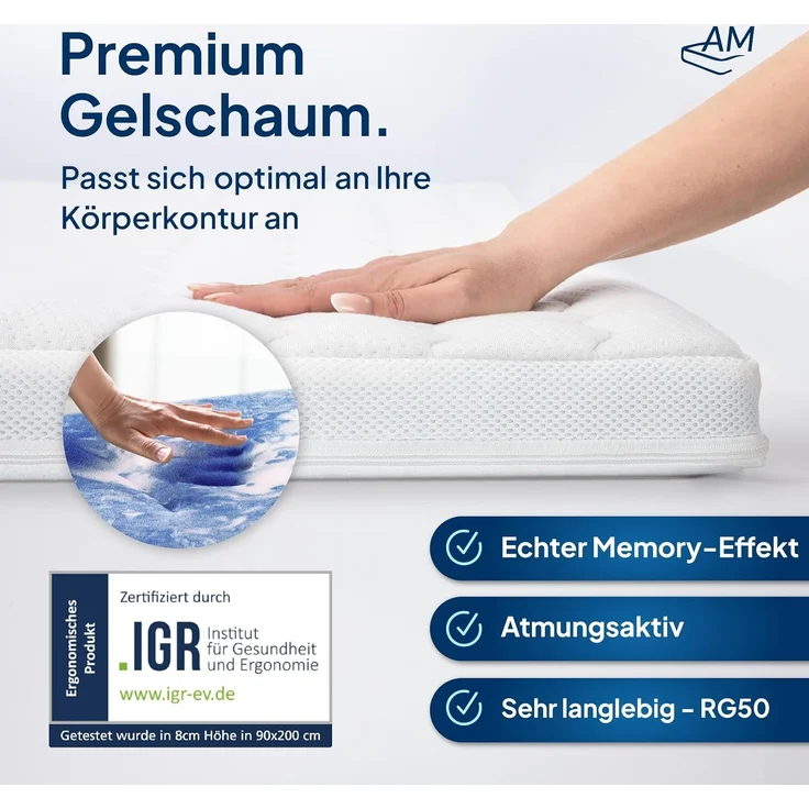AM Qualitätsmatratzen | 7-Zonen Deluxe Gelschaum-Topper 100x220 cm - 8 cm Höhe – Bild 3