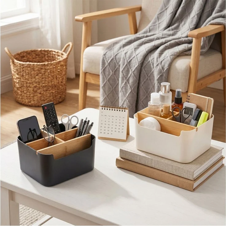 Youyijia Aufbewahrungsbox Bambus Schreibtisch Organizer with 5 Compartments, Büro Organizer – Bild 3