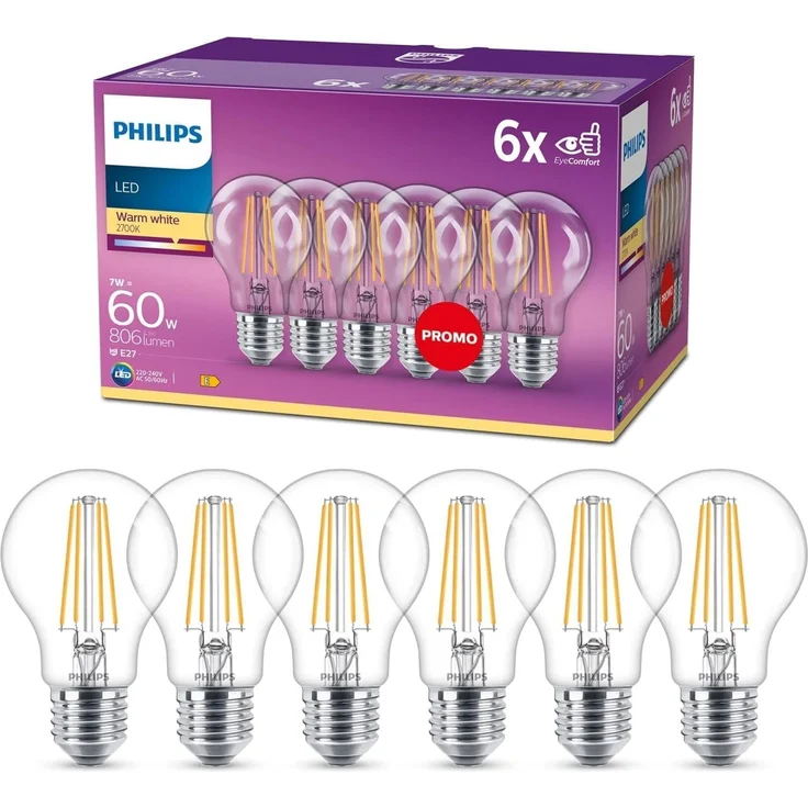 Philips LED Classic E27 Filament Lampen 6-er Pack (60 W), LED Lampen mit warmweißem Licht, energiesparende LED Beleuchtung mit langer Nutzlebensdauer – Bild 1