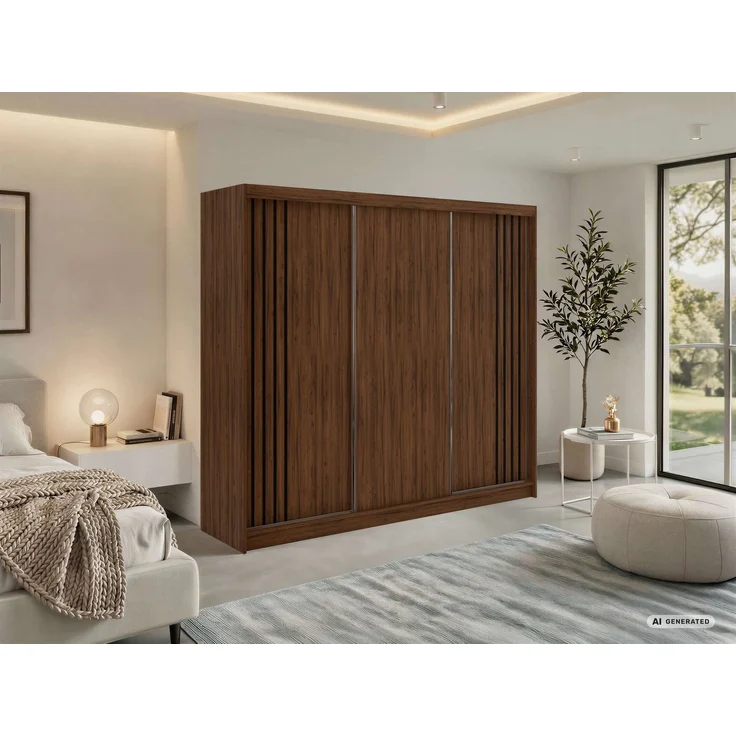 Schwebetürenschrank NAURU mit Lamellen-Optik, moderner Kleiderschrank, Breite 240 cm, inkl. Innenausstattung & Stauraum, Akustikpaneel-Design - Warmia-Nuss und Schwarz - mit Schubladen – Bild 1