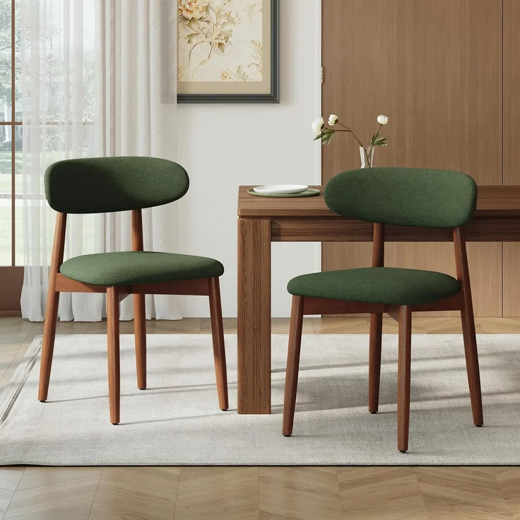 MALOL Stühle Esszimmer 2er Set, Gepolsterte Küchenstühle mit Hochdichtem Schaumstoff, Atmungsaktiver Stoffbezug, Ergonomische Rückenlehne, Gummiholzgestell Nussbaum-Optik, Küche Wohnzimmer Café, Grün