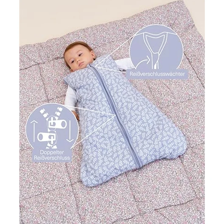 molis&co - Baby Schlafsack ärmellos - Ideal für den Winter - Babyschlafsack tog 2.5 ohne Ärmel - 100% Baumwolle (Oeko-TEX 100), Premium Qualität - Blue Garden (85 cm, 6-18 Monate) – Bild 4