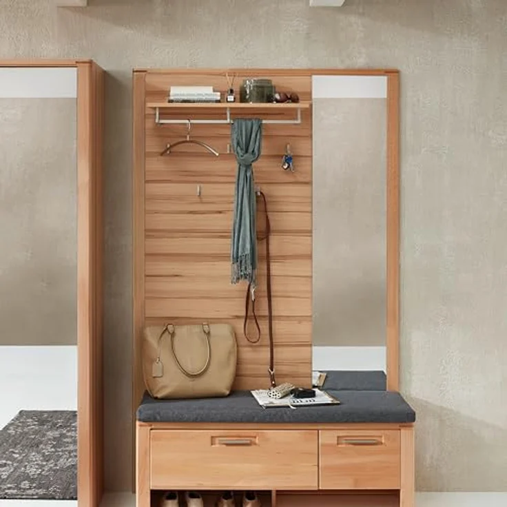 Linea Natura Garderobenpaneel, Buche, massiv, mit Hutablage und Kleiderstange, 120x157x29 cm – Bild 2