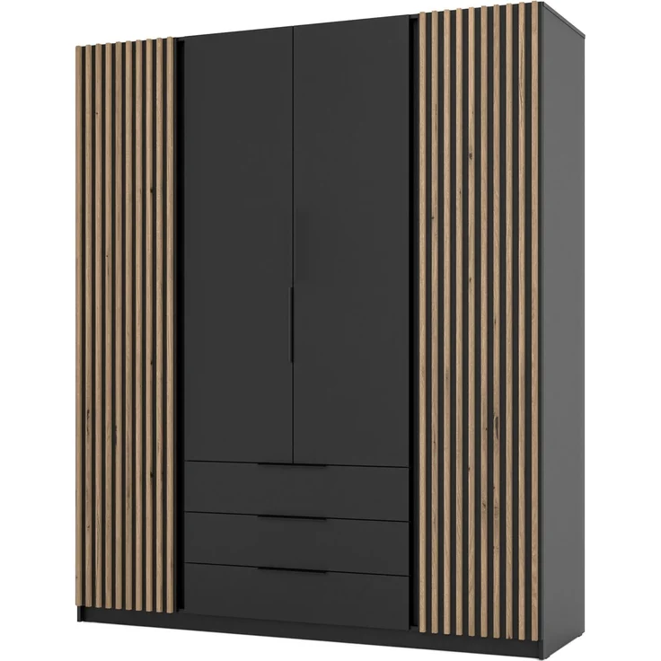 Selsey 'Kaja' Kleiderschrank 4-türig mit Lamellen & 3 Schubladen, schwarz, ca. 239 x 200 x 62 cm – Bild 1